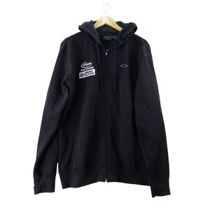 Oakley Mens L Black Zip Up Hoodie Racing Patch Tech Y2K Heavy Sweatshirt Sweater